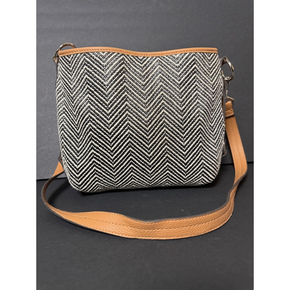 Rosetti Chevron Crossbody Bag Black White Woven Shoulder Purse Faux Leather Trim